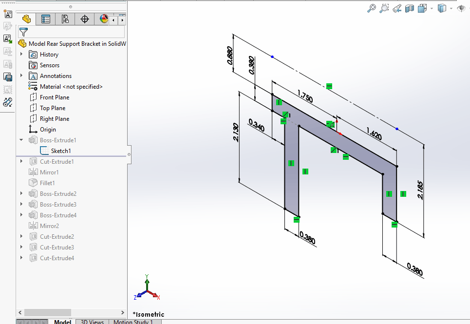Model Rear Support Bracket in SolidWorks